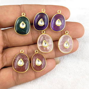 <b>Amethyst</b> Free Form Gemstone Tumble <b>Pendant</b> 925 Silver Polki Meenakari Bezel Setting Christian Religious Christian Inlay - Product Image 3