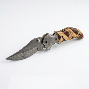 Couteau utilitaire pliant artisanal en acier Damas, pointe biseautée, manche en bois, qualité industrielle, OEM, marque privée, couteau personnalisé - Product Image 5