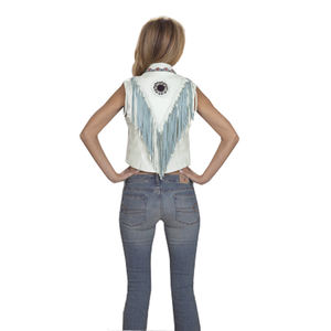 HMB-3581A <b>Women's</b> Vintage Western Style Canvas <b>Jacket</b> Windproof Beads Bone Work Leather Coat Logo <b>Fringes</b> Outer Wear Waistcoat - Product Image 4