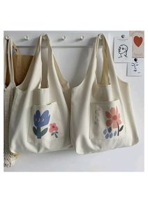 Floral Graphic Cotton Canvas Tote Set With Front Pocket Design In Natural <b>White</b> Featuring Pastel Colour Artwork For Daily Carry - Product Image 2