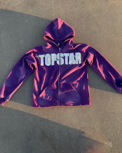 Haute qualité hiver Street Wear 400gsm fermeture éclair lavage à l'acide ourlet brut recadrée en détresse broderie Patch à capuche hommes - Product Image 5