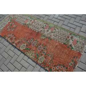 Alfombra turca vintage con área grande de 3,1x7,4 pies, diseño de retazos rectangulares en material de lana verde naranja, respaldo de látex para habitación de pasillo - Product Image 4