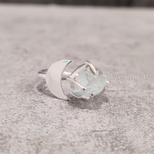Bijoux en pierre brute bague pour femme aigue-marine naturelle pierre précieuse brute mars pierre de naissance croissant de lune bijoux bague en argent Sterling 925 - Product Image 1