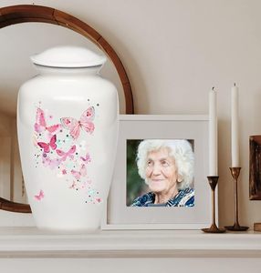 Urna de cremación con flores de mariposas rosas, urna funeraria blanca para cenizas humanas, hecha a mano en aluminio, urna de tamaño personalizado adecuada - Product Image 6