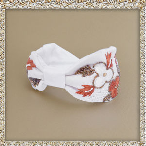 White Embroidered Beaded Floral Luxury Women's <b>Padded</b> Fabric <b>Headband</b> Boutique Designer Accessory Export Quality <b>Headbands</b> - Product Image 2