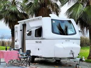 FIRMO Maxi 410 Mini Caravan 4 Person Aluminum Travel Trailer Slide-Out <b>Kitchen</b> Modern <b>Camping</b> RV White Exterior - Product Image 1