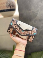 Dompet Kulit Sapi Barat dengan Ukiran Tangan, Multifungsi, Kulit Berbulu, Desainer Baru, Clutch Bergaya untuk Wanita