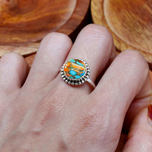 Anillo de cobre turquesa de ostra de estilo bohemio, 10mm, redondo, Plata de Ley 925, filigrana minimalista, piedra preciosa, turquesa, joyería Bohemia - Product Image 1