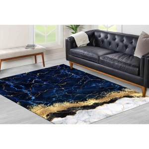 Tapis bleu marbré : imprimé abstrait avec accents dorés, entrée élégante, tapis doux non tissé - Product Image 2