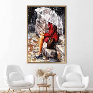 Modern Printed Canvas: Woman With Umbrella in Rain - Abstract Wall Art,Gold <b>Framed</b> - Product Image 1