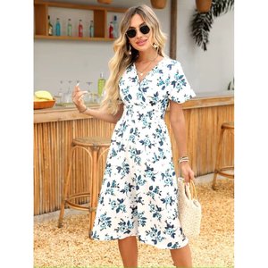 Jane's Women's Short Sleeve <b>Wrap</b> Neck Floral Pattern Midi Jersey Dress - Casual Summer Spring Fashion for Adults - Product Image 1