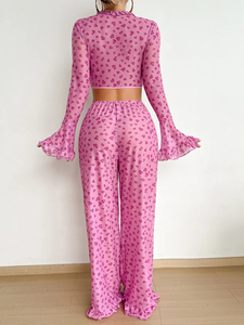 Pijama de 2 piezas para mujer con estampado de corazones rosas, manga larga, cuello en V, de gasa, estilo sexy de tiro alto y largo completo - Product Image 6