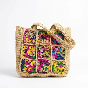 Bolso tote de ganchillo para mujer, estilo bohemio, con paneles bordados, abierto por encima, para todas las estaciones - Product Image 3