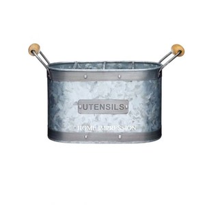Galvanized Flatware <b>Caddy</b> Organizer for Home & <b>Kitchen</b> Counter top Outdoor Storage Pot With Wooden Handle Cutlery Holder <b>Caddy</b> - Product Image 3