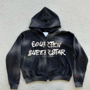 Ensemble de survêtement en molleton de coton épais 500 GSM, broderie tricotée, patch déchiré, grande capuche zippée, ensemble de survêtement assorti, streetwear, 100% coton, automne - Product Image 1