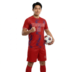 Conjunto de Camiseta de Fútbol Roja Unisex, Manga Corta, Cuello Mao, Estampado Sublimado, Poliéster que Absorbe la Humedad, Corte Regular, para Todas las Temporadas - Product Image 1
