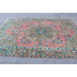6.5x9.9 ft Vintage Large Rug, <b>Red</b> Blue Turkish Floral <b>Wool</b> Rug - Product Image 4
