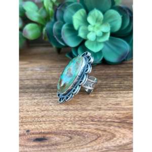 Greg Perry Thunder Mountain Turquoise & Sterling Silver Fashion <b>Ring</b> <b>Adjustable</b> Size 8.5 Oval Cut Diamond Bezel Setting - Product Image 3