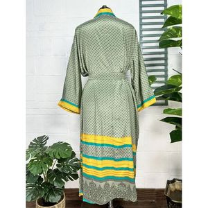 Recycled Vintage <b>Silk</b> Sari Robe <b>Green</b> and Yellow Boho House Kimono Dressing Gown Beach Coverup and Bridesmaid Anniversary Gift - Product Image 6