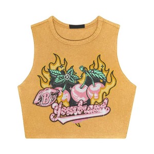 Camiseta corta sin mangas para mujer, 240 GSM, algodón jersey premium, color mostaza, con estampado gráfico personalizado, transpirable. - Product Image 1