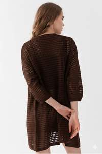 Cárdigan beige de alta calidad con diseño calado para mujer, suéter largo informal de punto con estampado, jersey informal con logotipo en la espalda - Product Image 4