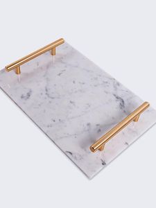 Élégant plateau de service rectangulaire en marbre de granit avec poignée en métal doré Décoration de mariage et de maison élégante - Product Image 3