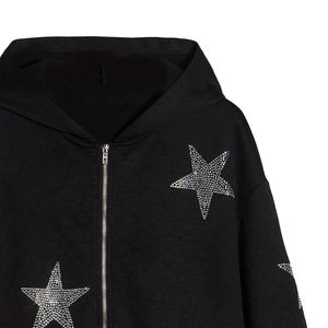 Sudadera con capucha para hombre de estilo callejero con diamantes de imitación brillantes y detalles únicos Sudadera con capucha de mezcla de algodón con tachuelas de diamantes de imitación para hombres - Product Image 5