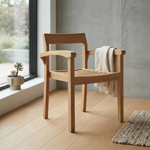 Solid Teak Wood Garden <b>Armchair</b> Slatted Seat Curved Armrest Natural Finish Outdoor Patio <b>Dining</b> Side Chair Setup Art Decor - Product Image 2