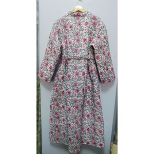 Summer Autumn Spring Bohemian <b>Quilted</b> Cotton Kimono Bathrobe Pink Floral Printed Long Sleeve Nightwear Gown Sizes Available - Product Image 5