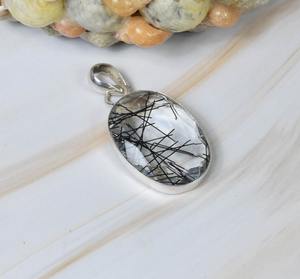 Pendentif de mode rutile noir 925 pendentif en argent Sterling pierres précieuses bijoux faits à la main forme ovale pendentif de créateur cadeau pour elle - Product Image 3