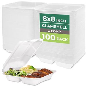 Plantura - Contenedores Desechables para Ensaladas con 3 Compartimentos, Libres de BPA, [8x8], Capacidad de 34 oz, Paquete de 100, Biodegradables, de Caña de Azúcar - Product Image 1