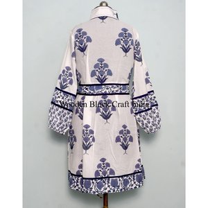 Robe d'été lavable pour femme, en coton écologique indien, imprimé floral fait main au bloc, col rond, style vintage bohème, longueur genou, idéale pour la plage - Product Image 5