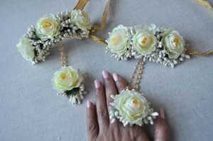 Handmade Islamic Wedding Rose Mehndi <b>Flower</b> Jewelry Set with Multilayer Pearl Necklace Ring Earrings & Tikka - Product Image 3
