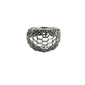Bague en argent 925 avec pierre naturelle à motif hexagonal géométrique, style vintage, sertie pavé, unisexe, bohème, pour fiançailles - Product Image 3