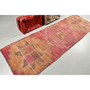3x9.4 ft Turkish Rug, Vintage <b>Runner</b> Rug, <b>Red</b> Brown Check Rug - Product Image 2