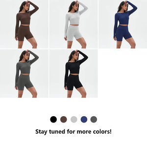 Customizable 2-Piece Women's Gym Fitness Yoga Set Solid <b>Pattern</b> Seamless Long Sleeve Top and Elastic Waist Workout <b>Leggings</b> - Product Image 2