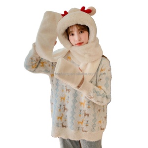 New Korean Version Winter Warm Three-Piece Set Small Rabbit Ears Hat Scarf <b>Gloves</b> with Dot and Bow Patterns for Beach Scenes - Product Image 1