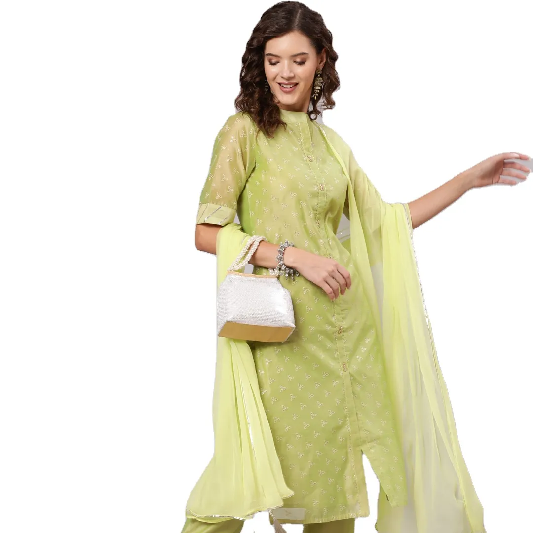 2023 new arrivals Indian & pakistani clothing women gold print embellished gota chanderi kurta with palazzo and dupatta set