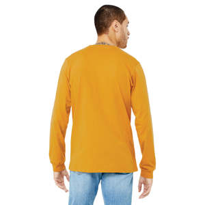 Comodidad dorada: Camiseta de cuello redondo de manga larga de algodón peinado 100% Airlume-Tono mostaza, estilo atemporal - Product Image 3