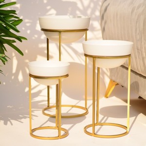 กระถางโลหะสีขาวพร้อมที่ตั้งสำหรับปลูกพืชทำจากอินเดีย - Product Image 3