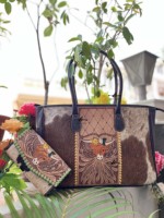 Ensemble sac fourre-tout grande taille en cuir de vache véritable et pochette élégante, avec gravures artisanales et motifs magnifiques, sacs à main multi-usages
