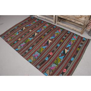 Tapis vintage 4x6,8 pieds, tapis turc, tapis marron et bleu à bords bordés - Product Image 1