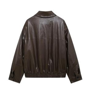 Chaqueta holgada de piel sintética de Pu negra para motociclista con cinturón primavera otoño abrigo con cremallera para mujer prendas de vestir - Product Image 4