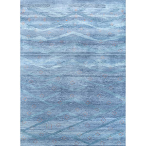 Tapis en laine et soie noué à la main Manchaha Lub-03 bleu, motif géométrique, rectangulaire, pour salon, chambre et couloir - Product Image 1
