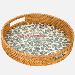 Plateau de service en rotin rond fait à la main avec incrustation florale de nacre plateau tissé décoratif pour la décoration intérieure café fruits et collations - Product Image 3
