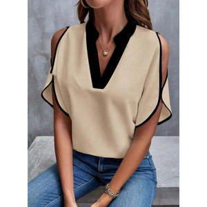 Chemisier en crêpe importé à manches courtes et col en V pour femme, 35339 - Beige - Product Image 1