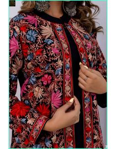 Women's Winter Woolen Jacket <b>Shrug</b> Pant Set with Colorful Embroidery Pure Wool Indian Womenswear 3 Piece Set Black - Product Image 2
