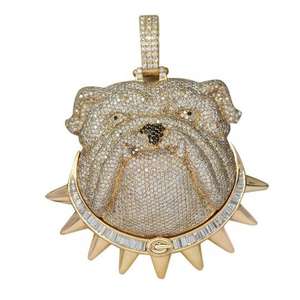 Pendentif Visage de Bouledogue Glaçé avec Collier à Pointes, Moissanite 10 Carats, Argent Sterling Plaqué Or 14K, Collier Unisexe Hip Hop Luxe Bling - Product Image 1