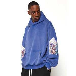 Pull à capuche en coton à manches longues avec poche kangourou, coupe régulière, écologique, de qualité supérieure, couleur bleue, délavé à l'acide, streetwear d'automne - Product Image 1