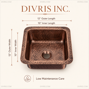 DIVRIS Lavabo de Cobre Martillado Hecho a Mano, de un Solo Tazón, Cuadrado, Moderno, con Acabado Pulido, para Cocina o Baño, 12x12 pulgadas - Product Image 4
